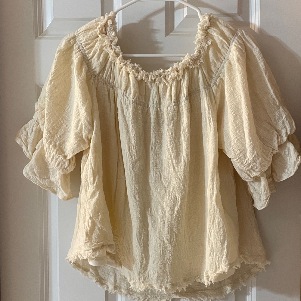 🧺Natural Fiber Lined Peasant  Puff Sleeve Top Size L - Picture 3 of 5